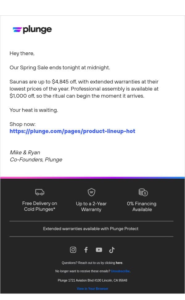 20% off Saunas Ends at Midnight. email from Plunge screenshot