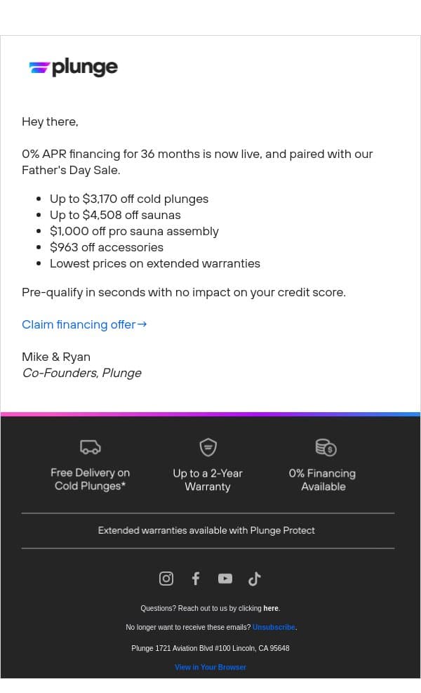 0% APR. 36 Months. Now Live. email from Plunge screenshot
