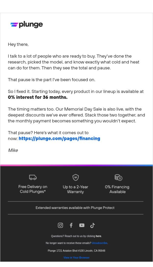 0% for 36 months is now live email from Plunge screenshot