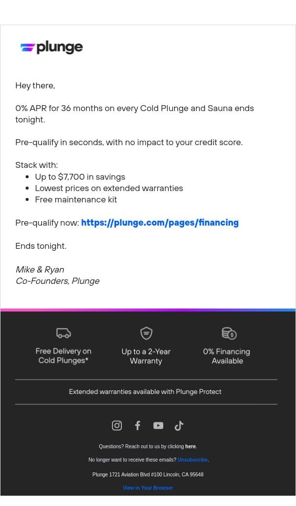 🚨 0% APR for 36 Months Ends Tonight! email from Plunge screenshot