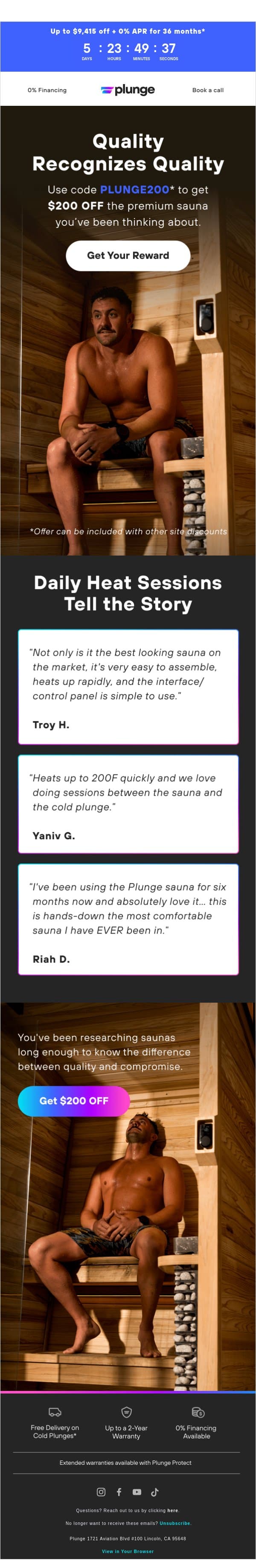 You Get: $200 OFF a Sauna email from Plunge screenshot