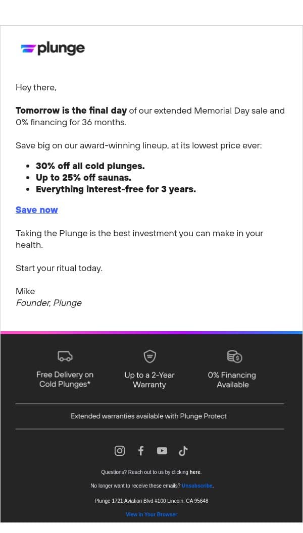 You've Got Until Tomorrow email from Plunge screenshot