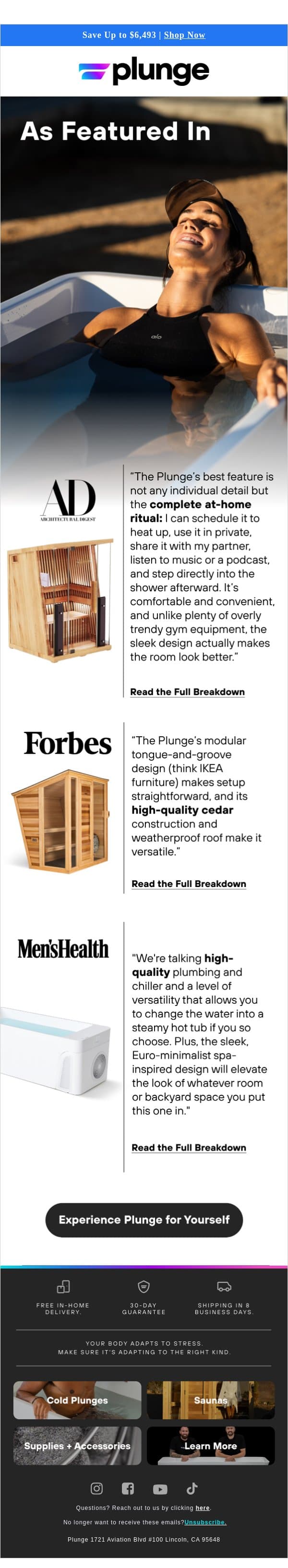 As Seen In: AD, Forbes, and Men's Health email from Plunge screenshot