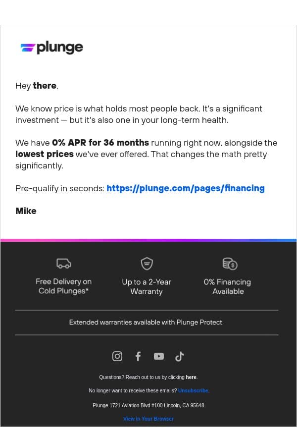 3 years. 0% interest. Ends soon. email from Plunge screenshot