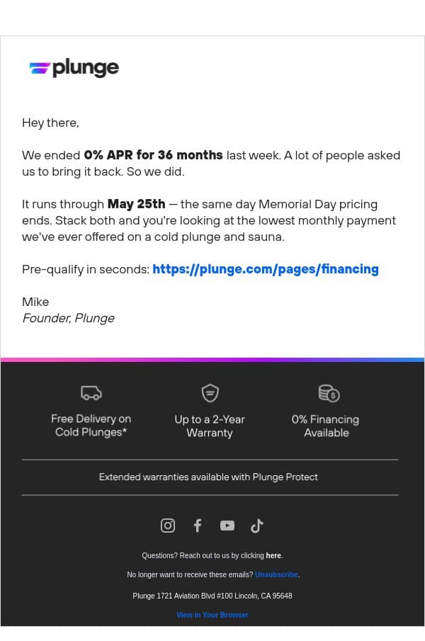 Our Lowest Monthly Payment. Ever. email from Plunge screenshot