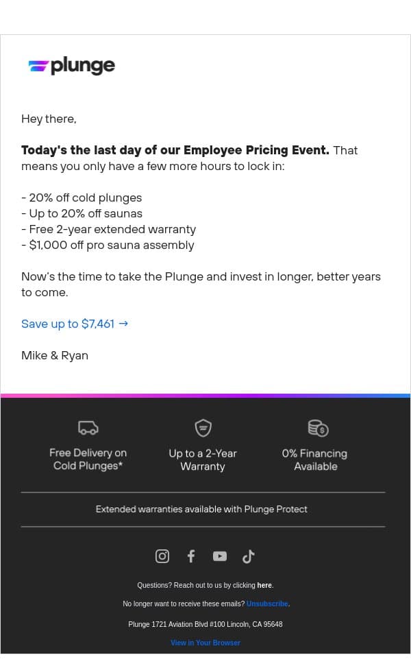 Final Hours: Employee Pricing Ends Tonight email from Plunge screenshot