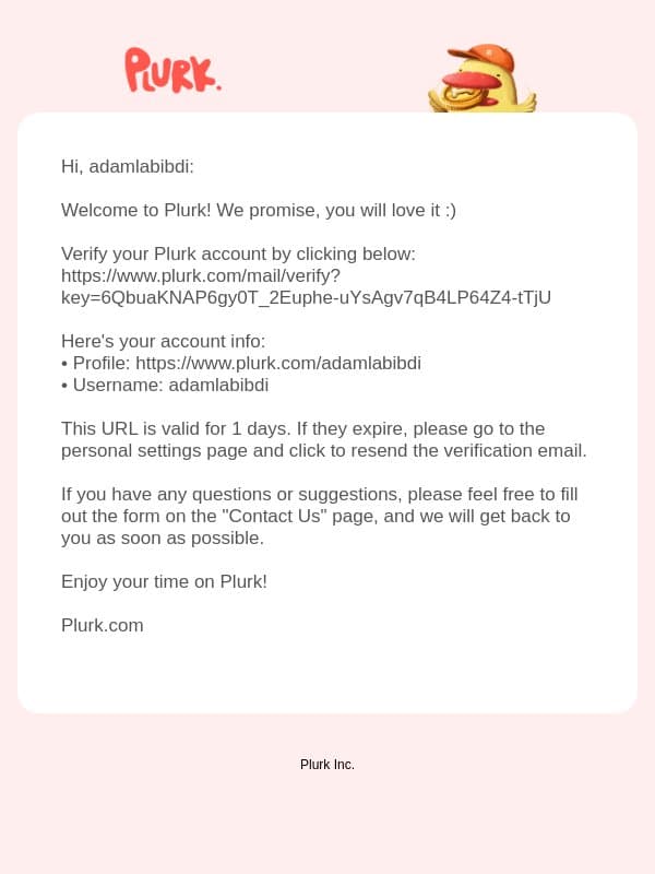 [Plurk] Welcome to Plurk! Please complete your email verification email from Plurk screenshot
