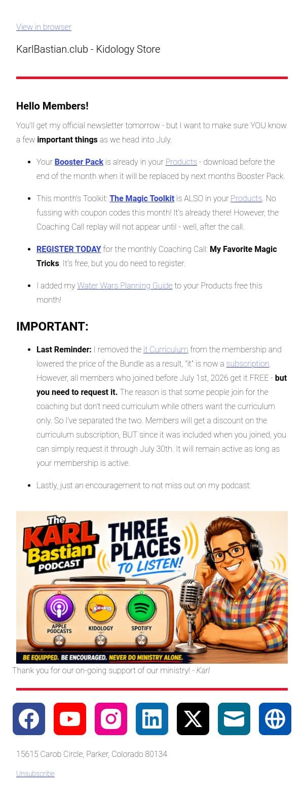 Happy July - IMPORTANT Member Info from Karl Bastian email from Podia screenshot