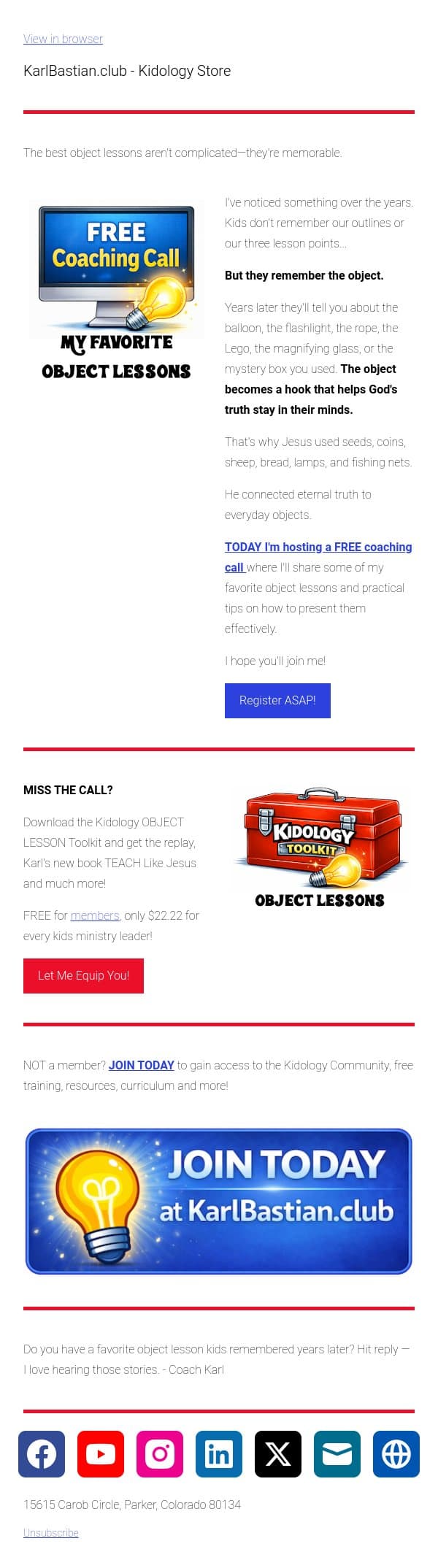 IT'S TODAY! My 5 Favorite Object Lessons FREE Coaching Call email from Podia screenshot