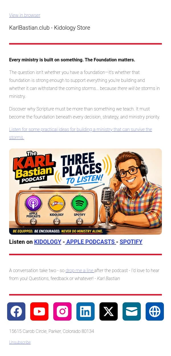 Is Your Ministry Ready for the Coming Storm? email from Podia screenshot