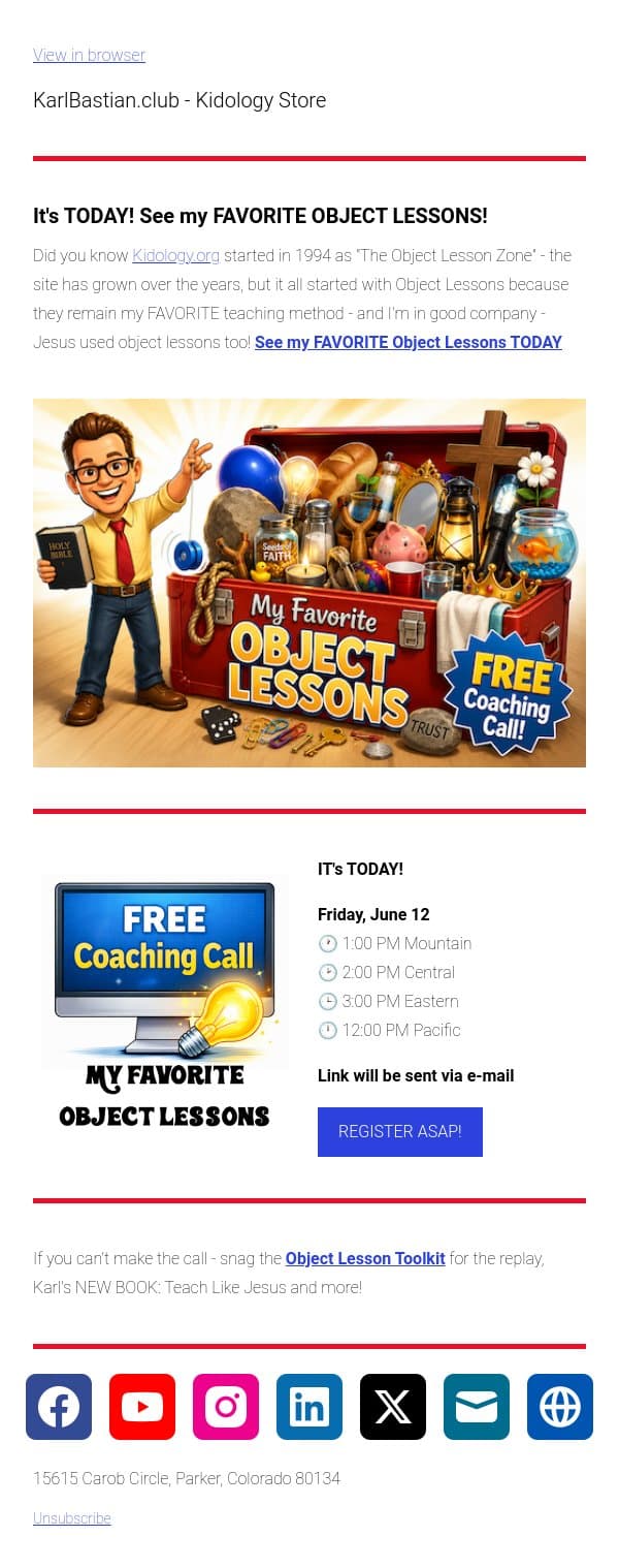 It's TODAY! FREE Coaching Call: My Favorite Object Lessons! email from Podia screenshot