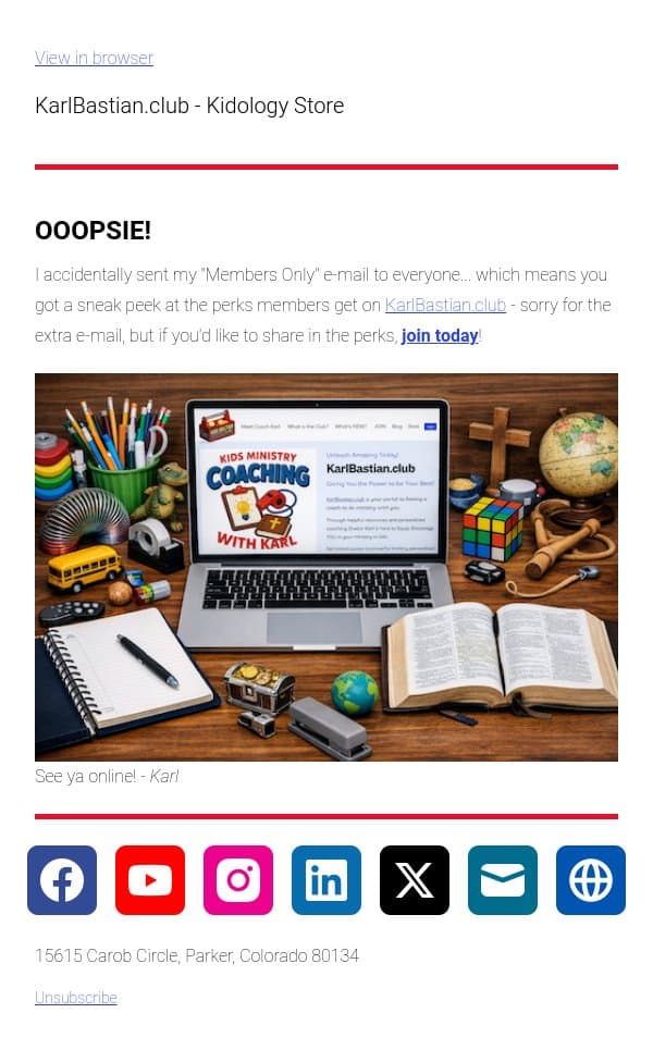 OOPSIE! from Karl Bastian email from Podia screenshot