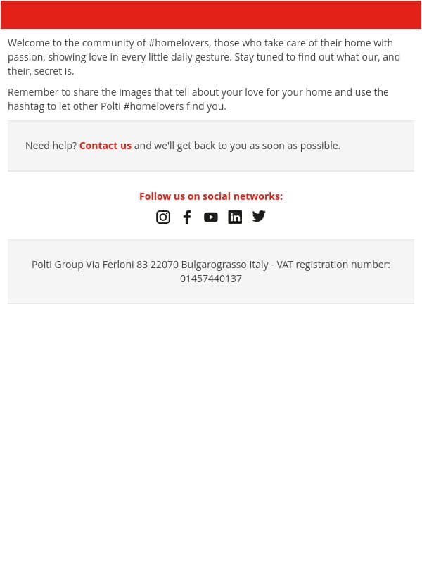 Newsletter subscription success email from Polti screenshot