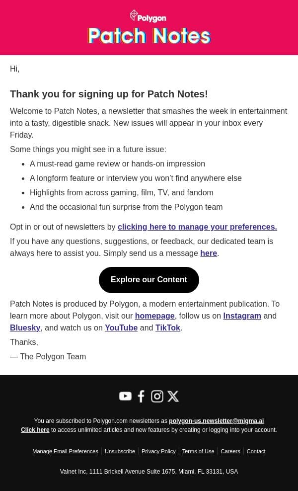Welcome to Polygon's Patch Notes email from Polygon screenshot