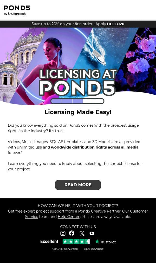Easy Licensing, Unlimited Distribution, Unmatched Value email from Pond5 screenshot