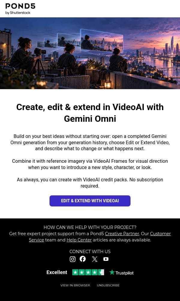 VideoAI: Now edit and extend with Gemini Omni email from Pond5 screenshot