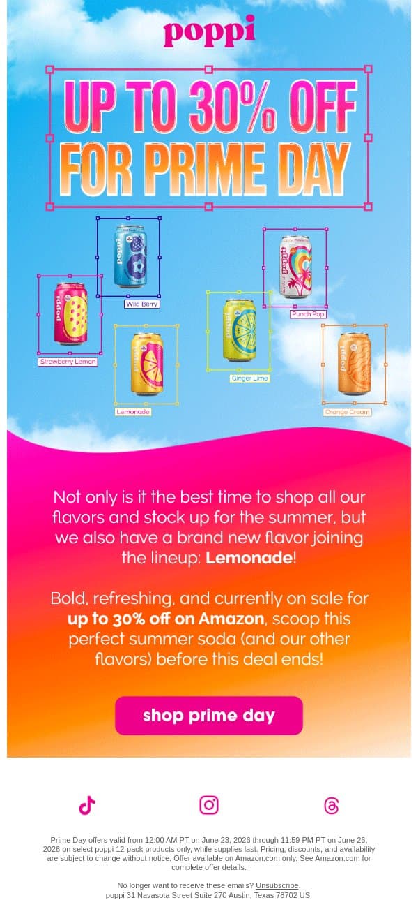 it’s time: up to 30% off all our flavors! 🫶😎👀 email from Poppi screenshot