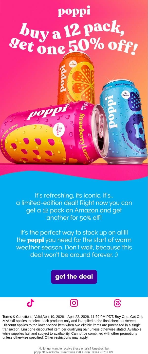 your second 12 pack = 50% off 💖 email from Poppi screenshot