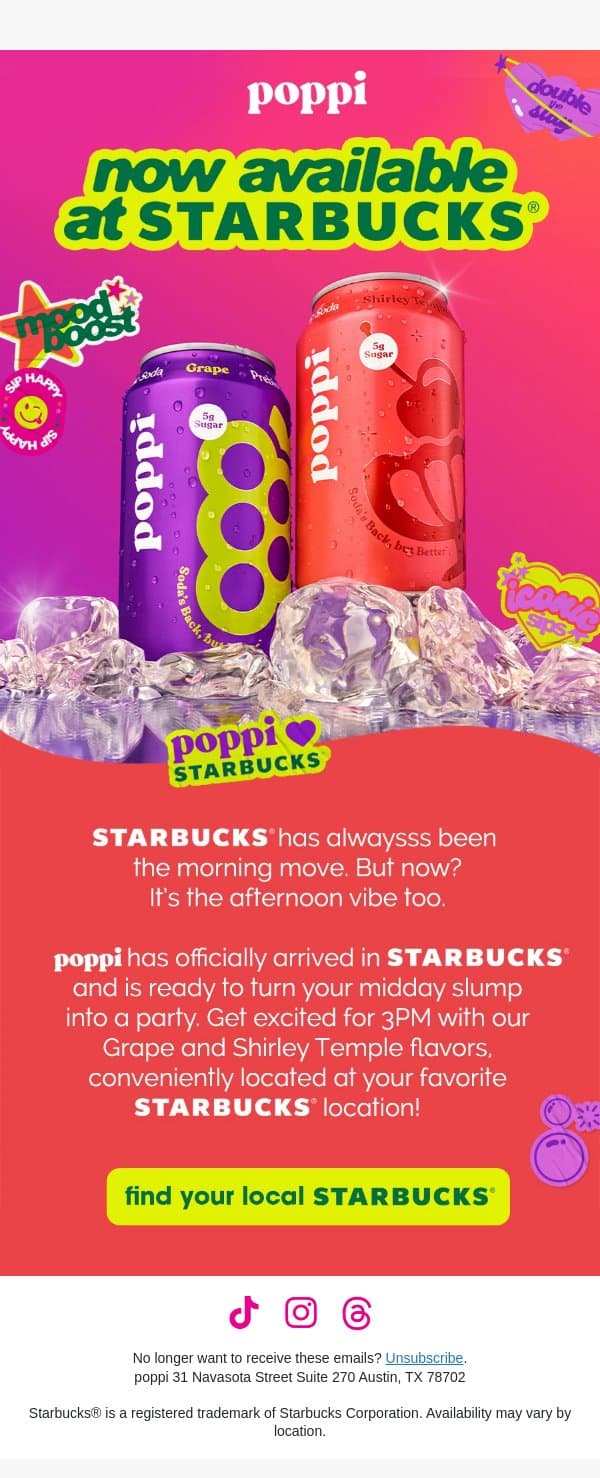 get your poppi at Starbucks! 🥤❤️☕️ email from Poppi screenshot