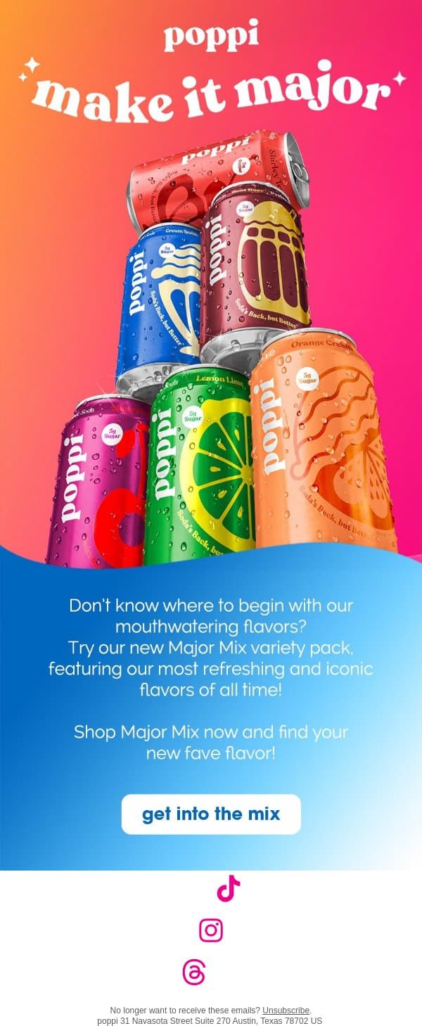 NEW Major Mix variety pack 🍒🍊🍋🥤 email from Poppi screenshot