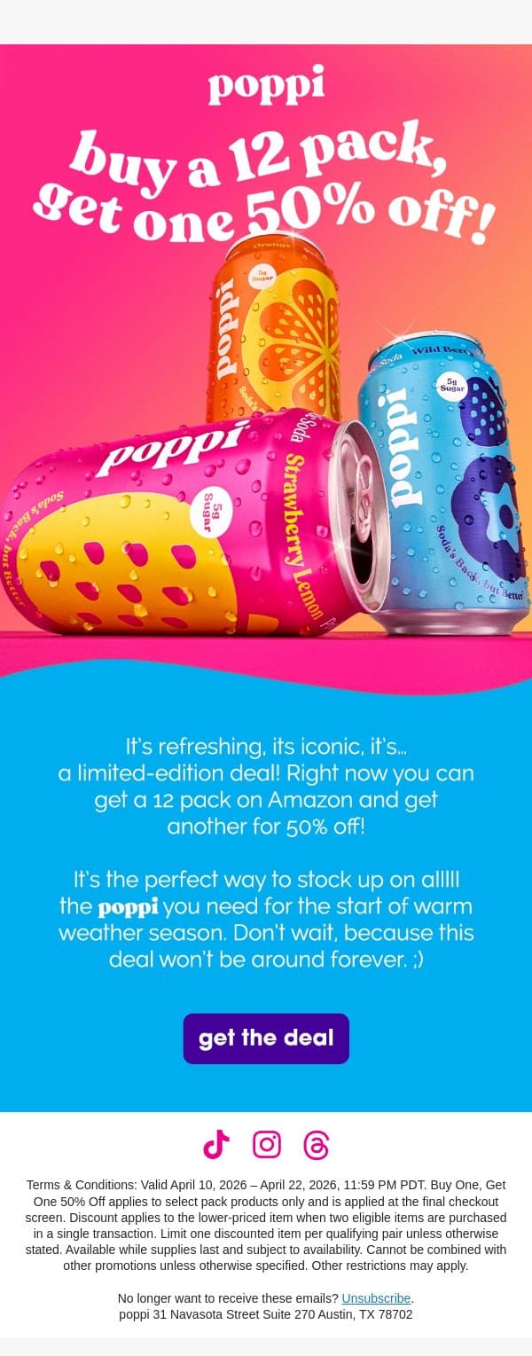 buy a 12 pack, get one 50% off! 🥤😍 email from Poppi screenshot