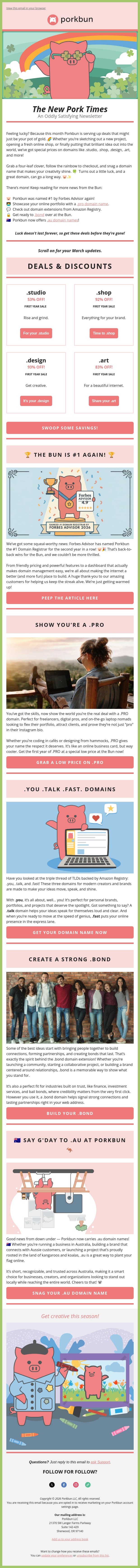 Lucky March deals from Porkbun 🍀 Details inside! email from Porkbun screenshot