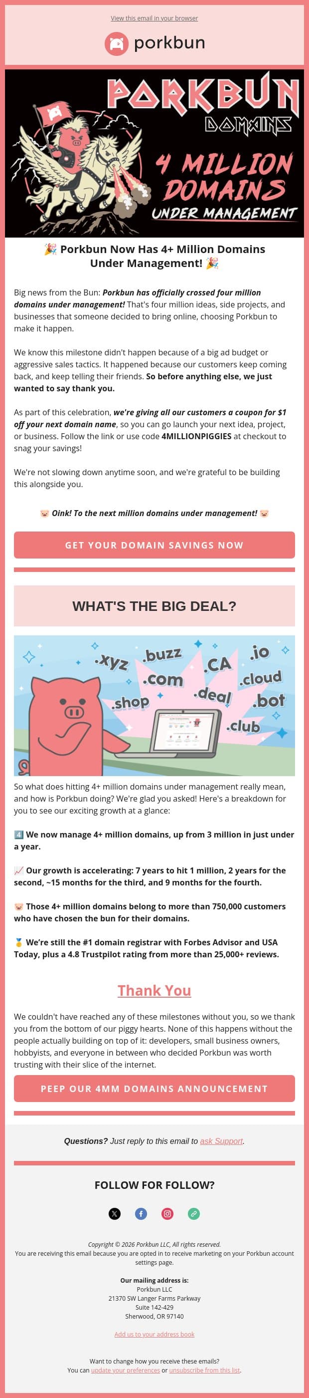 Porkbun hit 4+ million domains! 🐷 Special savings inside. email from Porkbun screenshot
