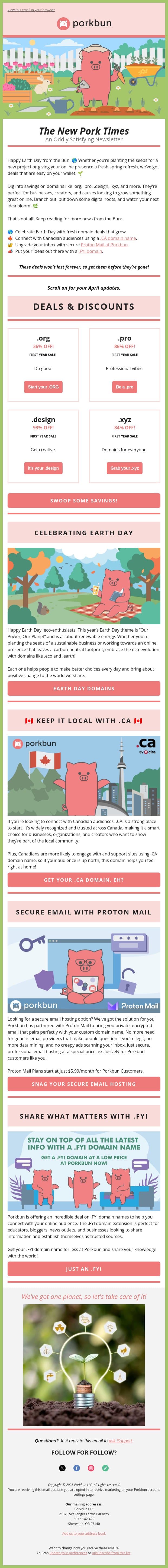 Dig into Earth Day domain deals at Porkbun. 🌎 Details inside! email from Porkbun screenshot