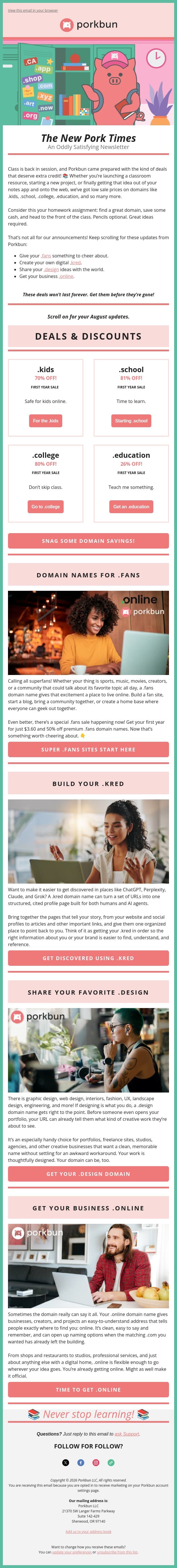 School is back and domain deals are on! 📚 Details inside. email from Porkbun screenshot