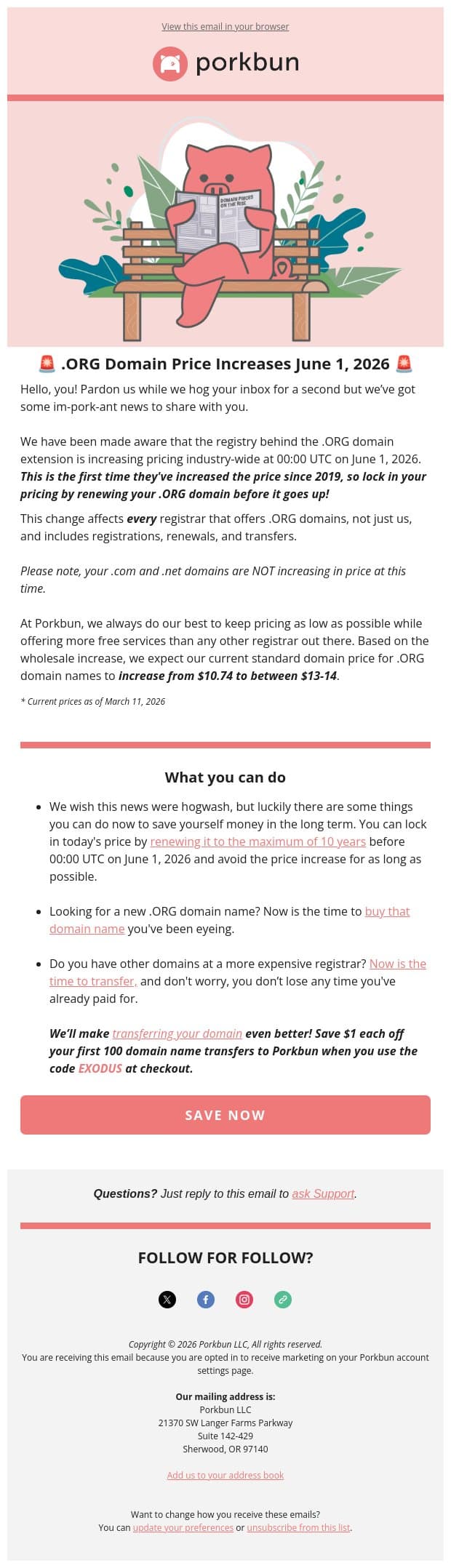 🚨 NOTICE: .ORG Domain Price Increase for June 1, 2026 email from Porkbun screenshot