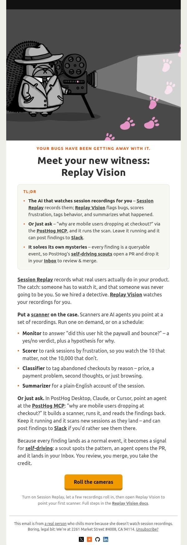 The AI that watches session recordings for you email from PostHog screenshot