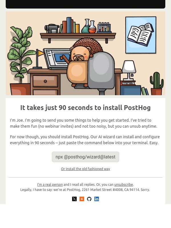 Welcome to PostHog! email from PostHog screenshot