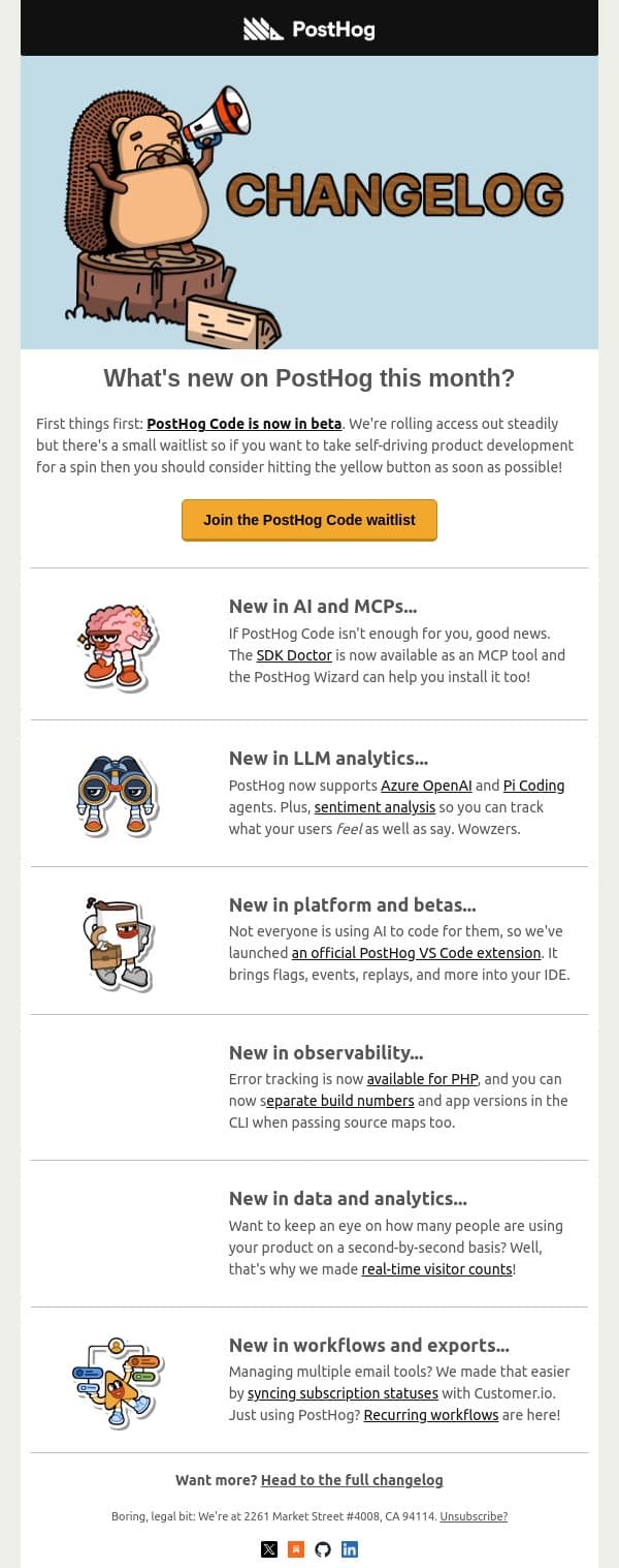 May Changelog: PostHog Code is now in beta! email from PostHog screenshot