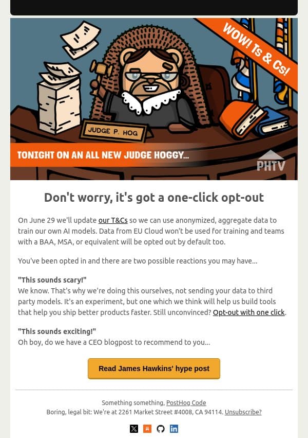 PostHog is going to train an AI model?! email from PostHog screenshot
