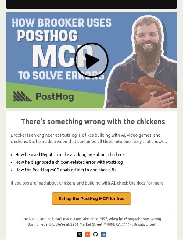 There's something wrong with the chickens! email from PostHog screenshot