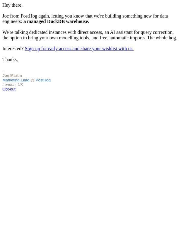 We're building for data engineers email from PostHog screenshot