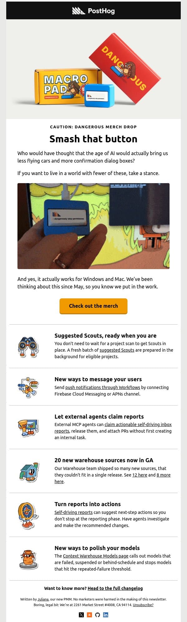 Here's a 'dangerously-skip-permissions' macro pad email from PostHog screenshot