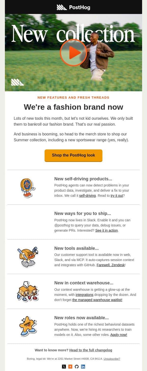 PostHog is now a fashion brand email from PostHog screenshot