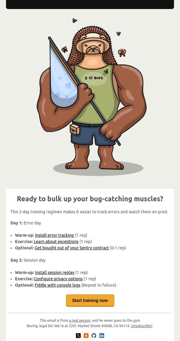 This email contains a very muscly hedgehog email from PostHog screenshot