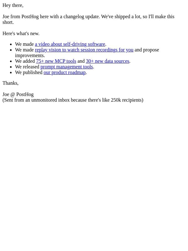 Here are some new things we shipped email from PostHog screenshot