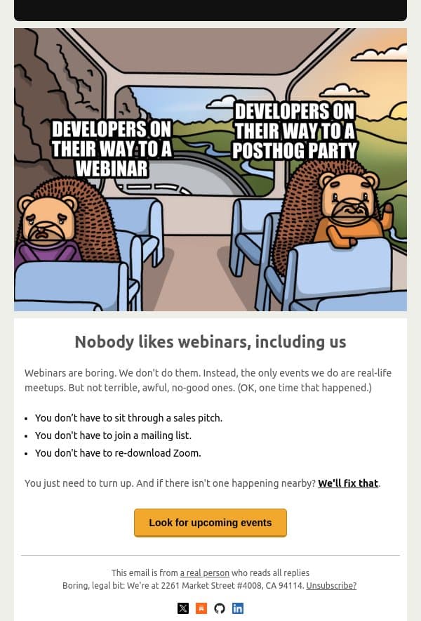 🥳 You're not invited to a webinar email from PostHog screenshot