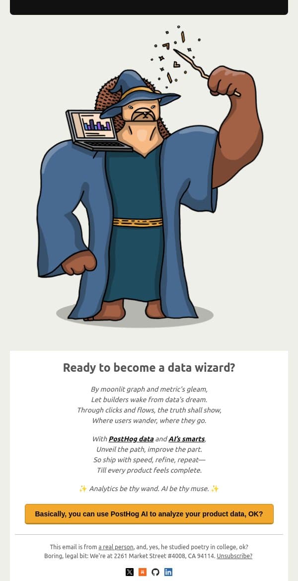 Learn how to cast a spell on your product data email from PostHog screenshot
