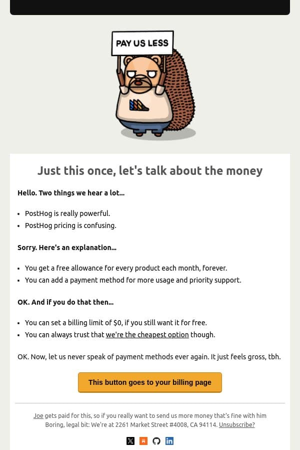 We don't want (all of) your money email from PostHog screenshot