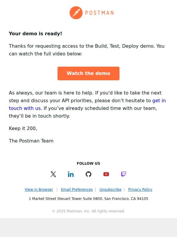 The Postman demo you requested has arrived email from Postman screenshot