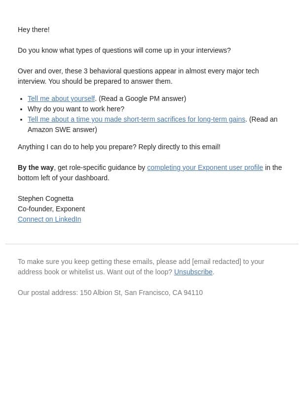 🧠 The most common behavioral interview questions. email from Pramp screenshot