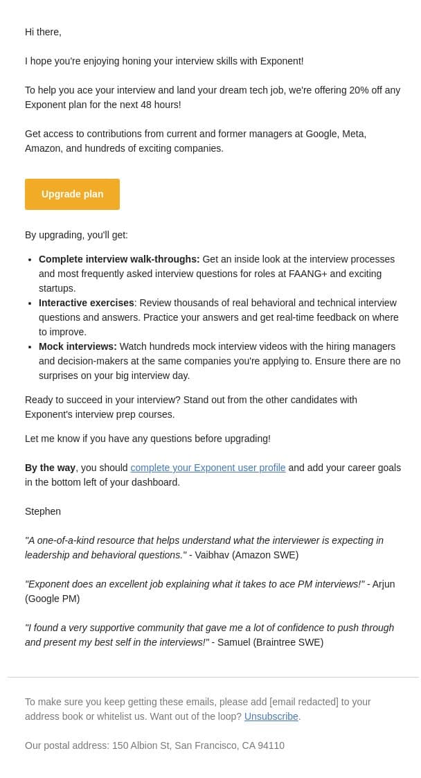 👉 Ends tomorrow! Get 20% off Exponent email from Pramp screenshot