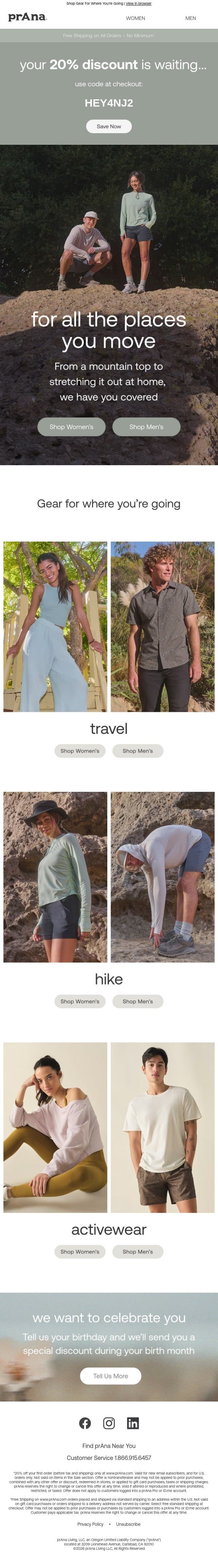 Don't Forget Your 20% OFF! email from Prana screenshot