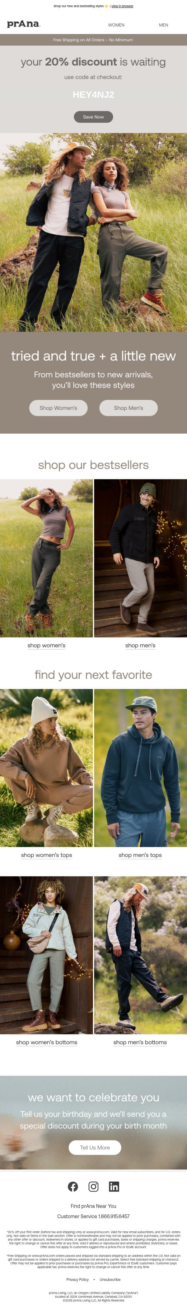 Your 20% OFF is Here! email from Prana screenshot