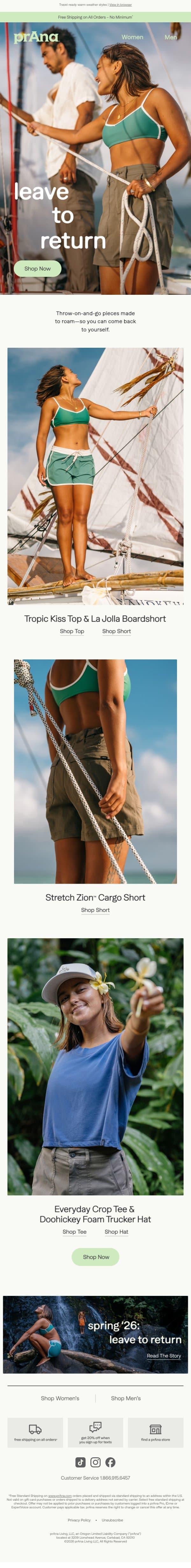Pack Light. Roam Freely. email from Prana screenshot