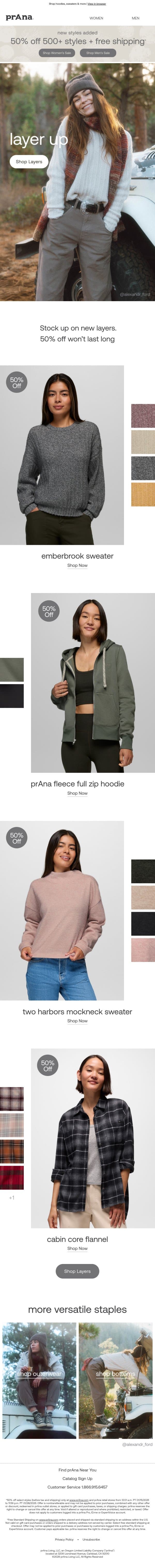 Save 50% on Layers email from Prana screenshot
